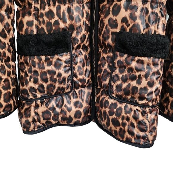 Juicy Couture Womens Puffer Coat Jacket Small Brown Cheetah Leopard Fur Hooded - Picture 4 of 16